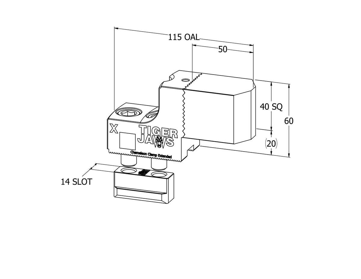Technical line drawing of a TIGER JAWS clamp with dimension annotations including 115 OAL, 50, 40 SQ, 60, 20, and a 14 SLOT, on a white background.