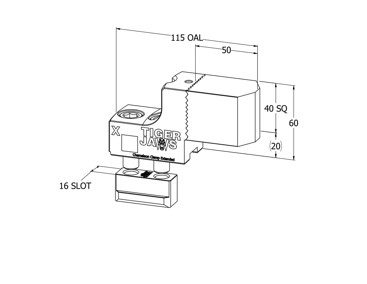 Technical line drawing of a TIGER JAWS linear slide encoder with dimension annotations including 115 OAL, 50, 60, 40 SQ, 20, and a 16 SLOT, on a white background.