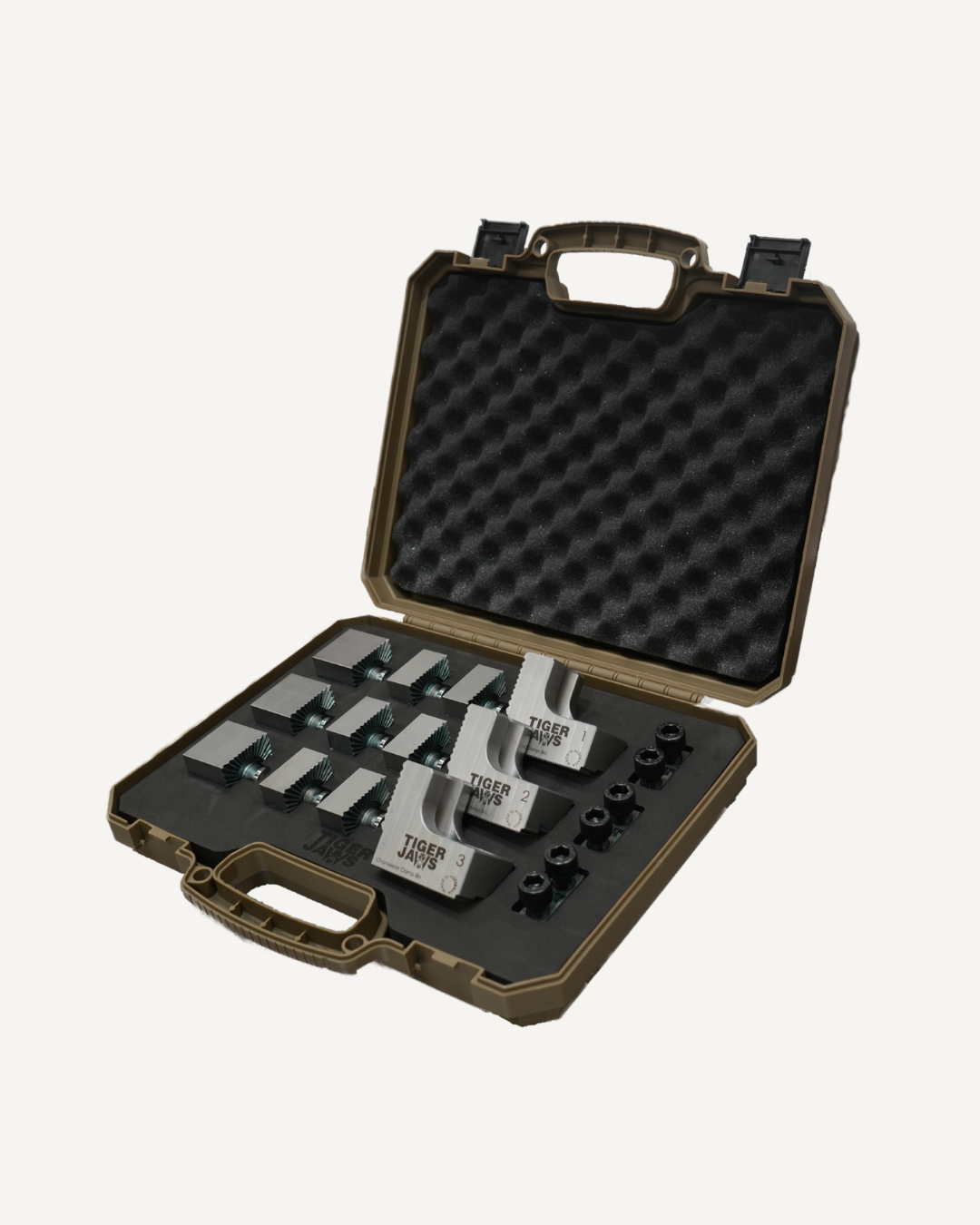Tiger Jaws Chameleon Clamps starter kit in carry case with soft jaw blanks and mounting hardware